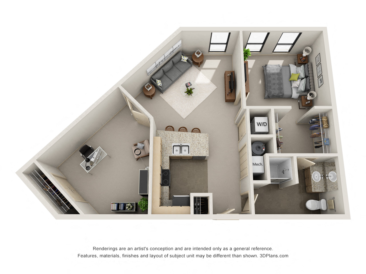 Floor plan for 1 bed, 1 bath, 817 sqft